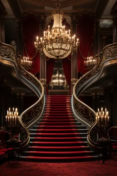 a red carpeted staircase leading up to a chandelier