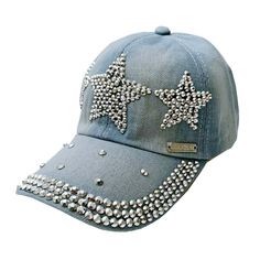 a blue baseball cap with silver stars on the front and back, all covered in crystals