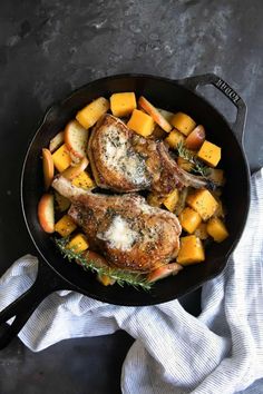 Cast iron pann with two apple cinnamon pork chops and butternut squash cubes. Apple Pork Chop Recipes, Pork Chops With Apples, Easy Pork Chops, Apple Pork Chops, Easy Pork Chop Recipes, Aip Recipes