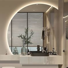 a bathroom with a sink, mirror and stools in front of a window that has blinds on it