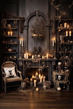 a living room filled with lots of candles next to a fireplace covered in halloween decorations