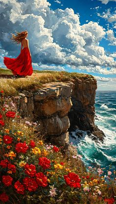 a painting of a woman in a red dress standing on a cliff overlooking the ocean