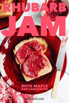 the cover of rhubarb jam with maple and cardamom on it