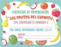 a certificate is shown with fruit and vegetables on it, as well as the words in spanish