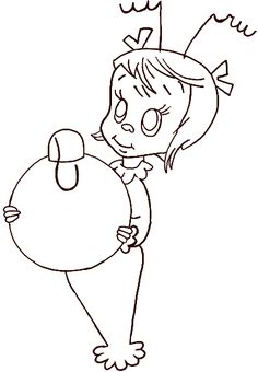 a drawing of a girl holding a round object in one hand and an arrow in the other