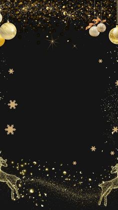 a black background with gold and white christmas ornaments hanging from it's sides, surrounded by stars and snowflakes