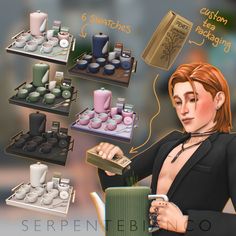 an image of a woman looking at the contents of her cosmetics set in different stages of development