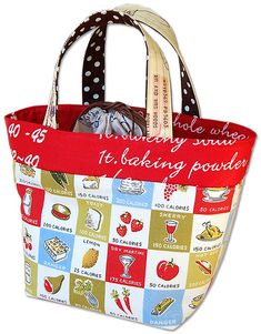 a red and white shopping bag filled with lots of different foods on it's sides