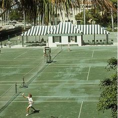 people playing tennis on an outdoor court with palm trees and buildings in the back ground