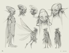 some sketches of different types of alien heads and body parts, including one with long legs