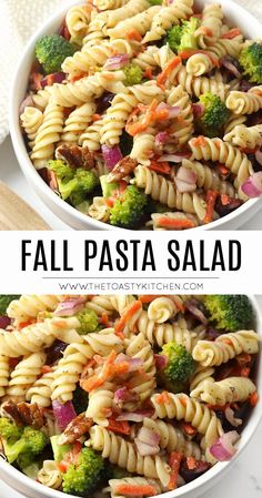 two bowls filled with pasta salad on top of a white plate and next to the same bowl