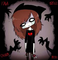 a drawing of a girl with red eyes and black hair standing in front of bats