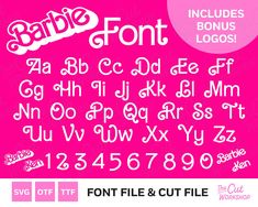 the font and cut file for barbie's logo is shown in pink with white letters