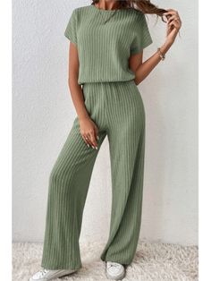 Summer Fine Pit Strip Solid Color Fashion Top And Wide Leg Pants Two Piece Sets 2024 Casual Loose Ribbed Lounge Set, Knitted Jumpsuit, Knit Two Piece Set, Neck Details, Ribbed Shorts, Knit Jumpsuit, Short Sleeve Jumpsuits, Simplistic Design, Elegant Blouses