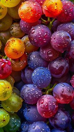 colorful grapes with water droplets on them