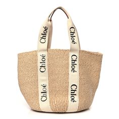 This is an authentic CHLOE Raffia Calfskin Large Woody Basket Bag in White. This chic basket bag is crafted of natural woven straw raffia with beige and white stripes. The shoulder bag features canvas Chloe logo straps and side trim, an open top and spacious unlined interior. Chloe Logo, Large Basket, Basket Tote, Round Leather, Basket Bag, Leather Patches, White Bag, Natural Fibers, Fair Trade