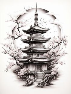 an ink drawing of a pagoda in the moonlight