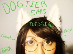 a woman wearing glasses with cat ears on top of her head and words written in the background