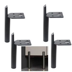 four black metal poles with holes in the middle and two pictures of them showing different angles