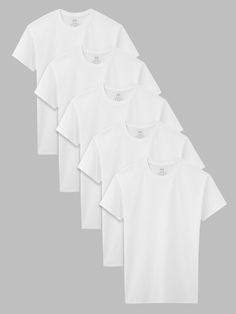 Fruit of the Loom® boys' white crew T-shirts are tag free and made with durable, soft 100% cotton. Our T-shirts offer a classic look for layering under other clothing or wearing alone. Provide him with an extra layer of comfort underneath button downs and tees. These short sleeve T-shirts are designed with longer length to help stay tucked while he is playing, better fitting sleeves for improved range of motion, and a true to size fit that is guaranteed to fit your boy comfortably throughout the day. White Crew Neck, Range Of Motion, Fruit Of The Loom, The Loom, Classic White, White Tshirt, White T, Classic Looks, White Undershirt