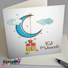 an eid mubarak greeting card with a gift box on the moon and stars