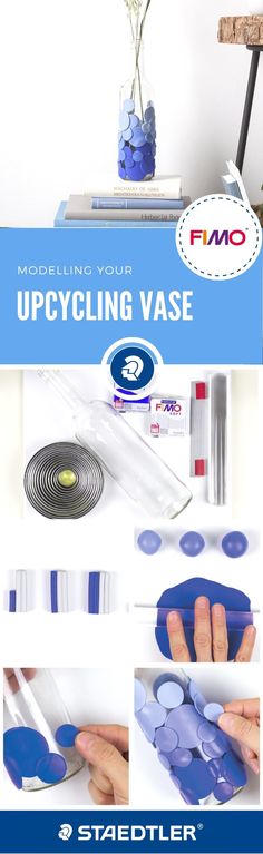 the instructions for how to use upcycling vases are shown in blue and white