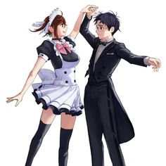 two anime characters dressed in black and white outfits, one is holding his arm around the other