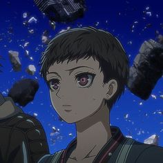 an anime character standing in front of a blue sky with rocks and debris around him