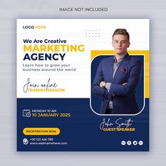 a blue and yellow business flyer with a man in a suit on the front cover