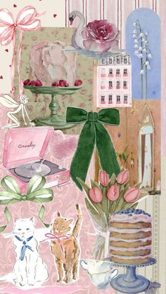 a painting of flowers, cake and other items on a pink background with white trim