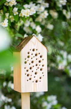 a wooden bird house with holes in it