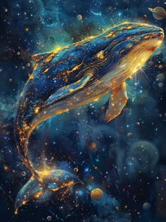 a painting of a whale in space with bubbles and stars all around it's body