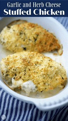 garlic and herb cheese stuffed chicken in a white dish