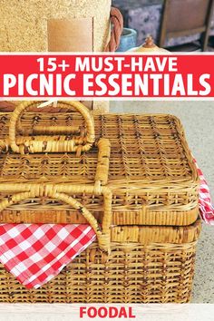 a picnic basket with the words 15 must have picnic essentials