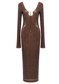 a women's brown dress with long sleeves and cutouts on the back,