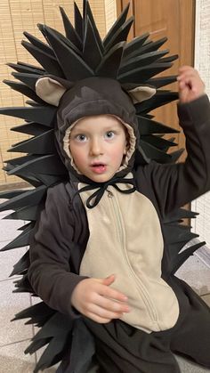 a little boy dressed in a costume that looks like a hedgehog sitting on the floor