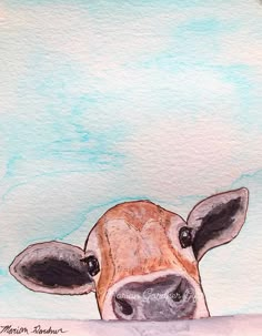 a watercolor painting of a cow peeking over a fence with its nose sticking out