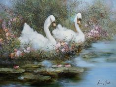 two white swans floating on top of a lake surrounded by water lillies and pink flowers