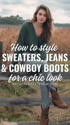 a woman wears sweater, jeans and cowboy boots, western outfits Cowboy Boots Fall 2024, Black Jacket Brown Boots Outfit, Bootcut Jeans Western Outfit, Western Outfits Teacher, Fall Cowboy Boot Outfits Leggings, Jean Jacket And Cowboy Boots, Freebird Boots Outfit Fall, Mid Cowboy Boots Outfit, Casual Outfits Cowboy Boots