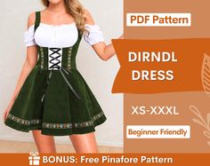 Dirndl Dress Sewing pattern, perfect for Beginners Special Offer: ♥ Free Sewing Planner with every order placed today ♥ 💥Get +310 patterns and all new releases with our Whole Shop Bundle at the best price! 👉 www.etsy.com/listing/1315834001 This pattern comes with an illustrated sewing guide with step by step instructions, making it super easy to make your own garment.  If you're looking for a beginner friendly project that will take 2 hours to make then this is perfect for you!  Pattern Includ Drindl Dress Pattern Free, Dirndl Dress Pattern Free, Dirndl Pattern Free, Drindl Dress Pattern, Dirndl Dress Pattern, Milkmaid Dress Pattern, Free Pinafore Pattern, Cottagecore Dress Pattern, Dirndl Pattern