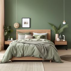 a bed with green sheets and pillows in a room that has a rug on the floor