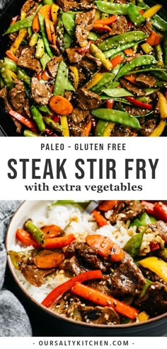 steak stir fry with extra veggies in a skillet on the side and text overlay that reads pale gluten free steak stir fry with extra vegetables