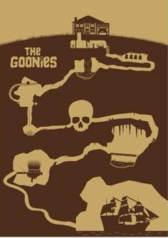 the goonies poster is shown on a brown background with an image of a pirate ship