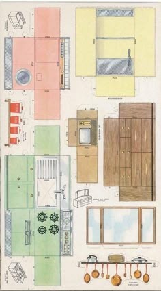 a drawing of a kitchen with lots of furniture and accessories on the counter top, as well as an oven