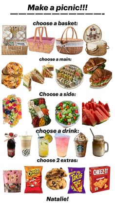 a poster with different types of food and drinks on the bottom right hand corner is an advertisement that says make a picnic choose a basket choose a main