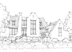 a drawing of a house with trees and bushes in the foreground, on a white background