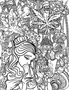 a black and white drawing of a woman surrounded by many different things in the background