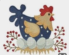 a blue and white rooster with red berries