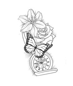 a drawing of a rose and a clock with a butterfly on the front, in black and white