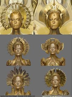 four different views of the face and head of a woman with gold decorations on her head